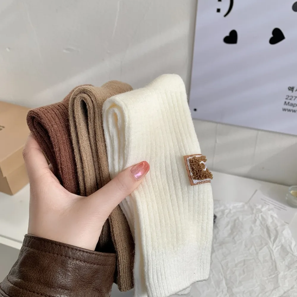 New Middle Tube Mid-Tube Socks Knitted Keep Warm Snow Boot Socks Heel Furry Label Solid Color Women Socks Winter