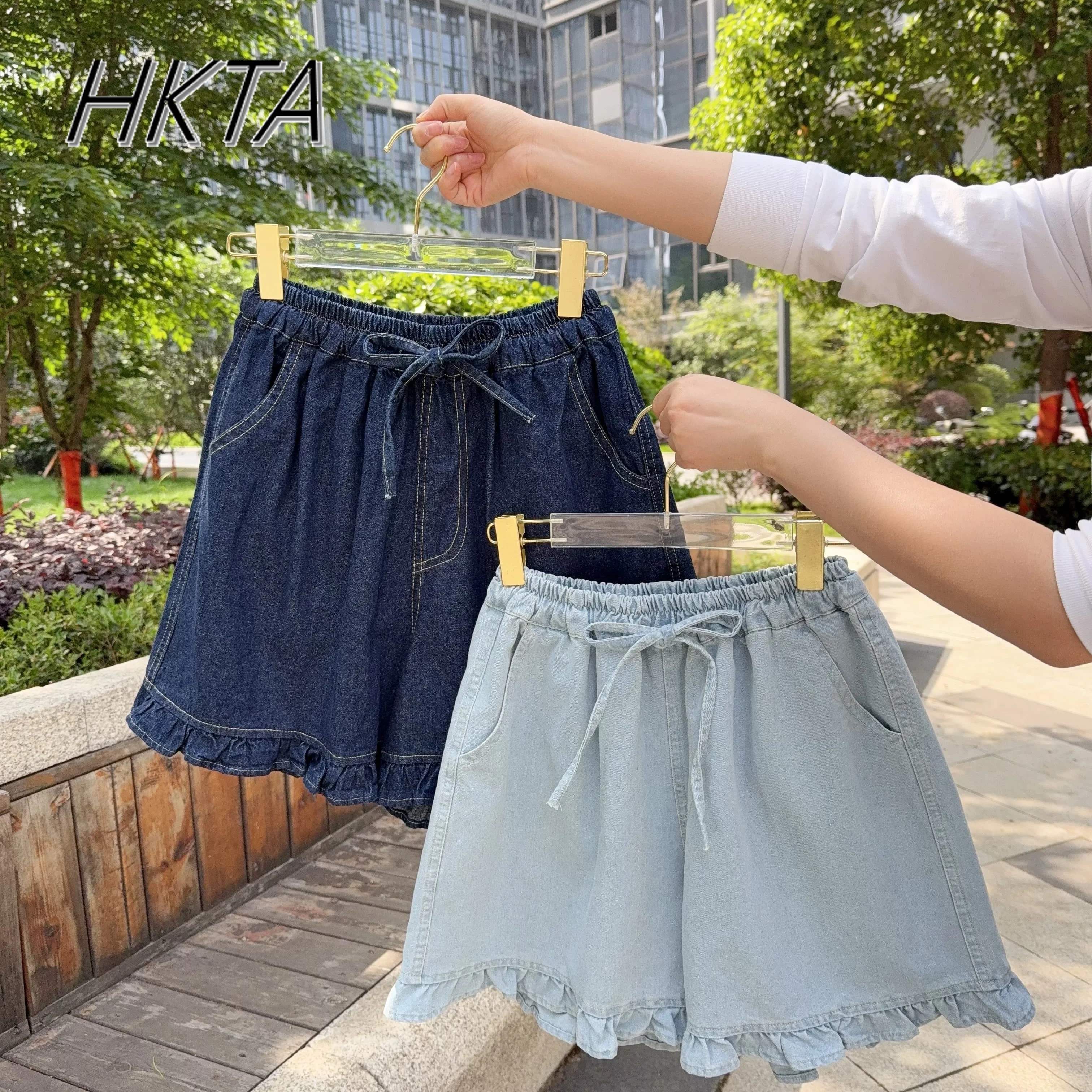 

Summer New Bow Lace up Versatile Legs Thin Denim Shorts Women Wooden Ear Edge Elastic Waist Loose Casual Solid Color Short Pants