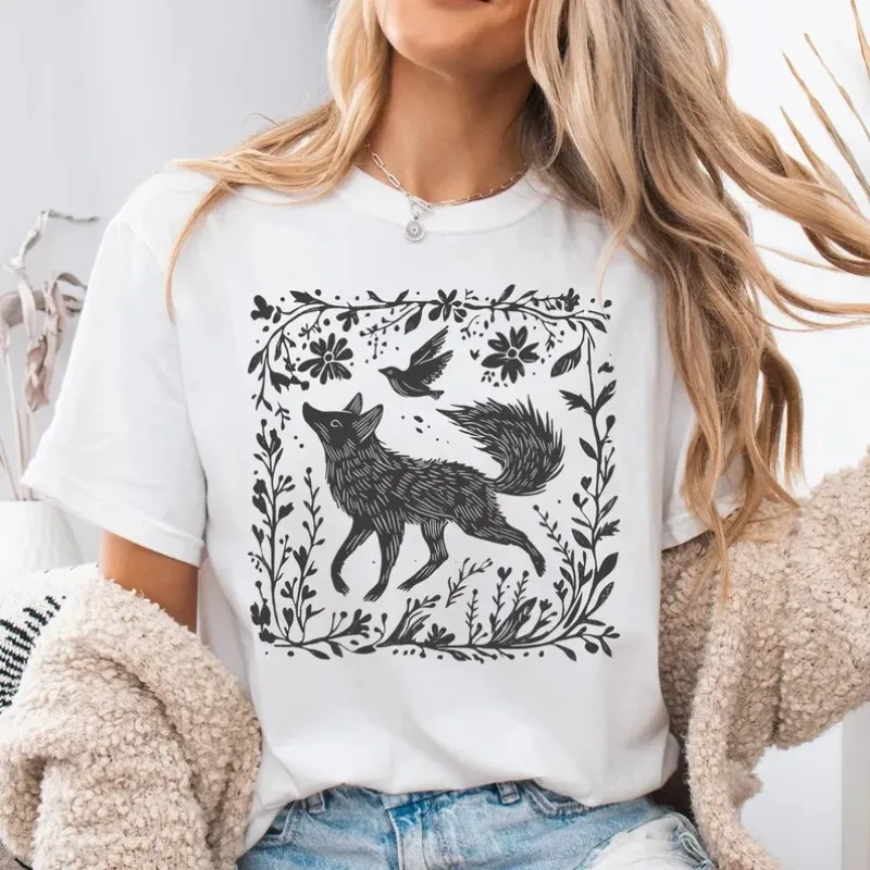 Camiseta Vintage folclore Forest Crow Lino para hombre, ropa de calle informal de moda, holgada de gran tamaño, manga corta, cuello redondo Harajuku