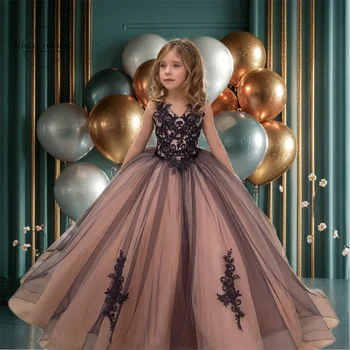 여아용 우아한 아플리케 레이스 원피스, V 넥 볼 가운, 공주 검은 명주 그물 꽃 소녀 드레스, 크리스마스 생일