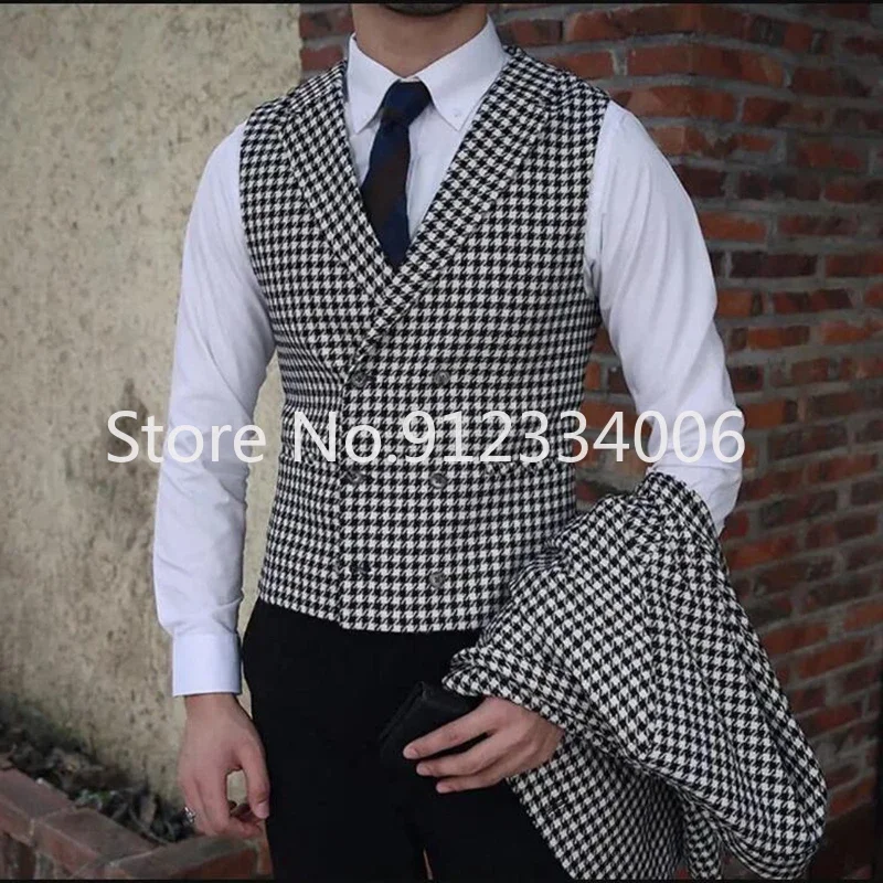 2025 Men's Houndstooth Suits for Wedding Notched Lapel Groomsmen Prom Tuxedos Business Male Suit 3 Piece ( Blazer+Vest+Pants )