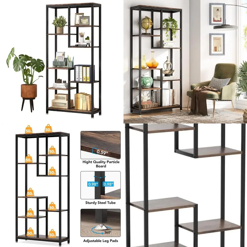 6-Tier Industrial Bookshelf, 8-shelf Open Storage Display, Living Room & Home Office Bookcases