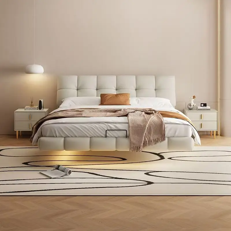 &*Latest Design Leather Floating Bed Simple Modern Italian King Size Soft Bed Leather Upholstered Bed With Night Light