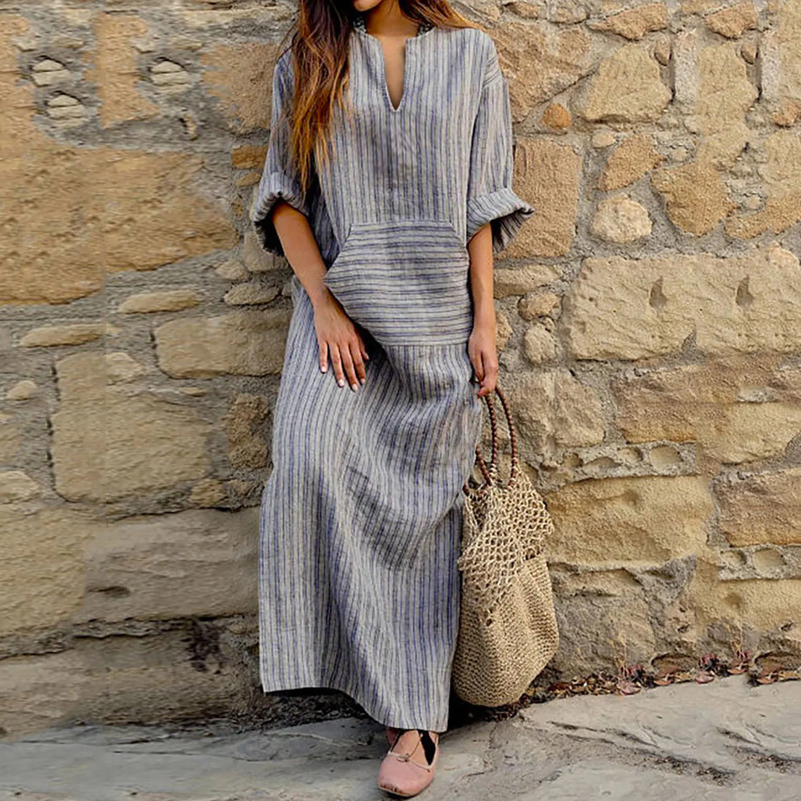 

2024 Women'S Cotton Linen Dress Plus Size Loose Long Sleeve Summer Striped Wear Women Oversize Long Maxi Boho Dresses Vestidos