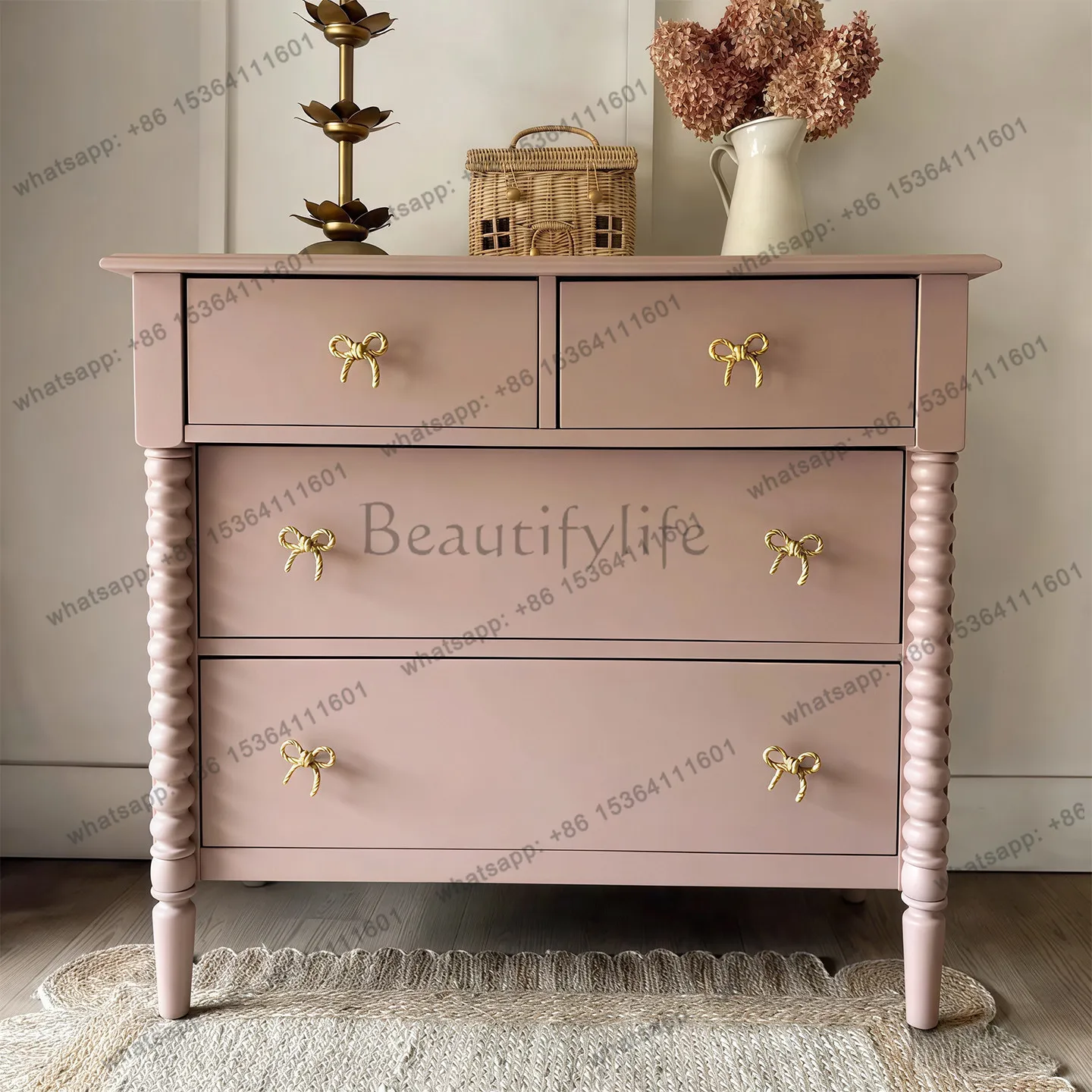 French sweet wind pink solid wood four chest chest bedroom locker metal handle drawer