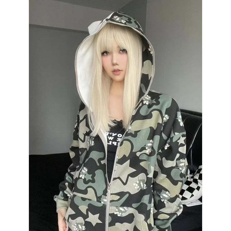 Sanrio Hello Kitty Zipper Cardigan Hoodie Y2K Cartoon Camouflage Blouse Sweatshirts Autumn Long Sleeve Sweater Jacket for Adault