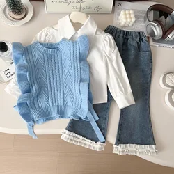 Childrens Clothing Set 2024 New Girls Autumn Clothing Knitted Vest White Shirt top two Piece Set