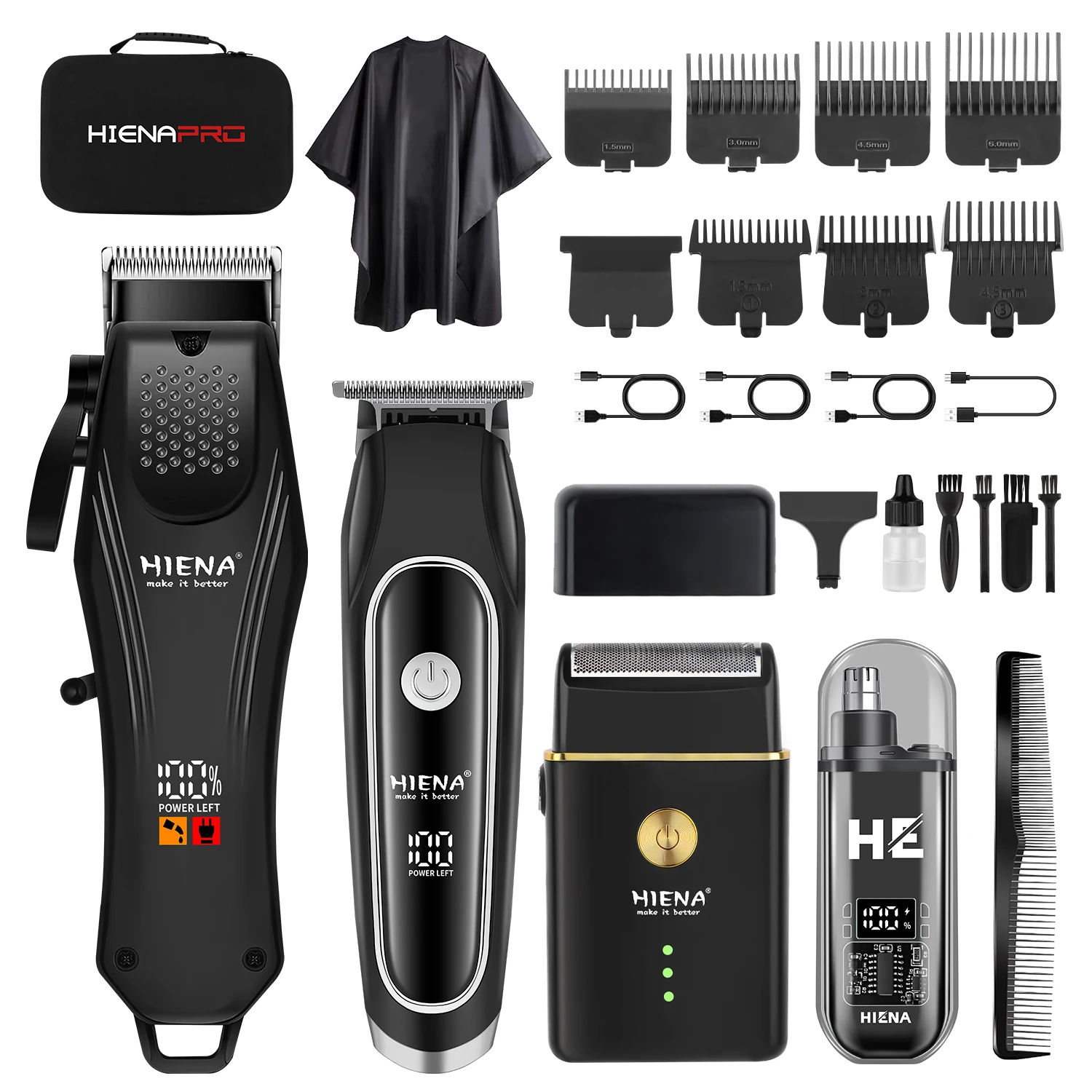 HIENA PRO 4-in-1 Barber Kit Hair Clipper, Trimmer, Shaver & Nose Trimmer with LCD, Cape & Carry Bag