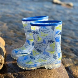 Kids’ Outdoor Cute Cartoon Grey Dinosaur Glitter PVC Rain Boots - Waterproof Anti-slip Water Shoes - Wear-Resistant, Easy to Cle