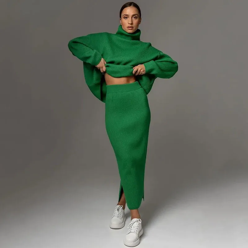EAEOVNI Women Knitted 2 Piece Set Versatile Turtleneck Pullover Sweater + High Waist Slim Skirt Elegant 2025 New Clothing 1A376