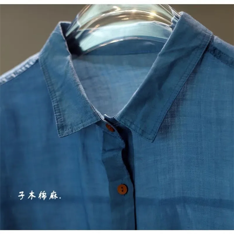 Été nouveau Simple respirant coton lin chemises femmes mode coréenne femme Blouse à manches longues décontracté tout Match chanvre hauts