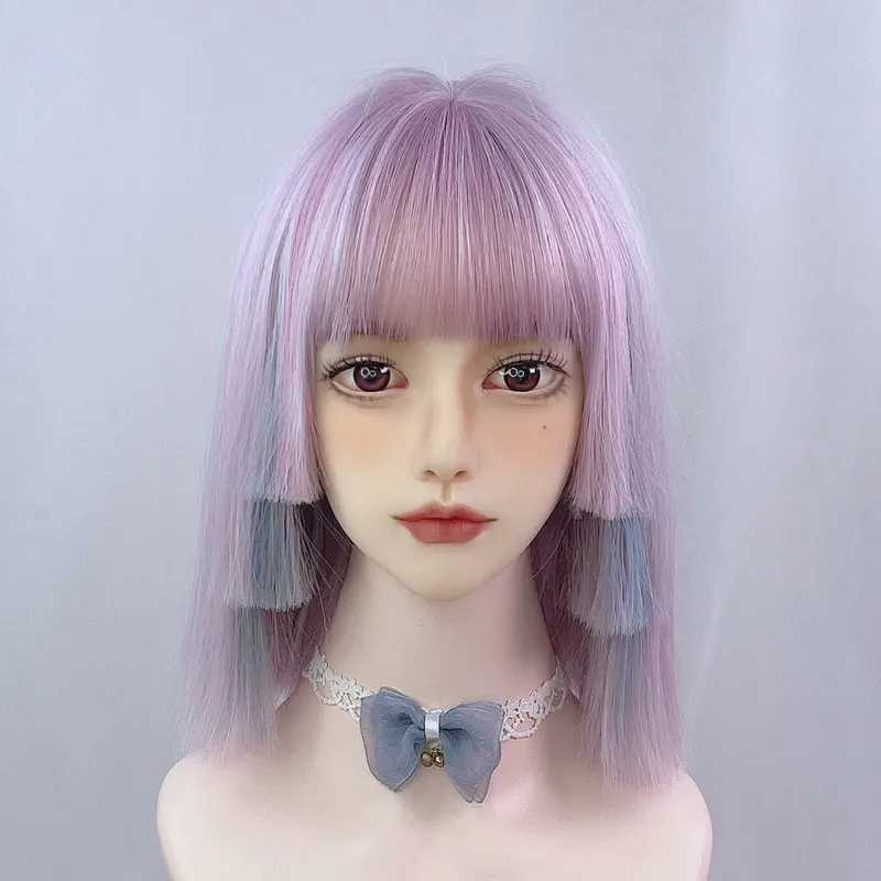 Water dance wig female full head cover purple short hair tide medium long straight hair color highlights princess cut collarbone