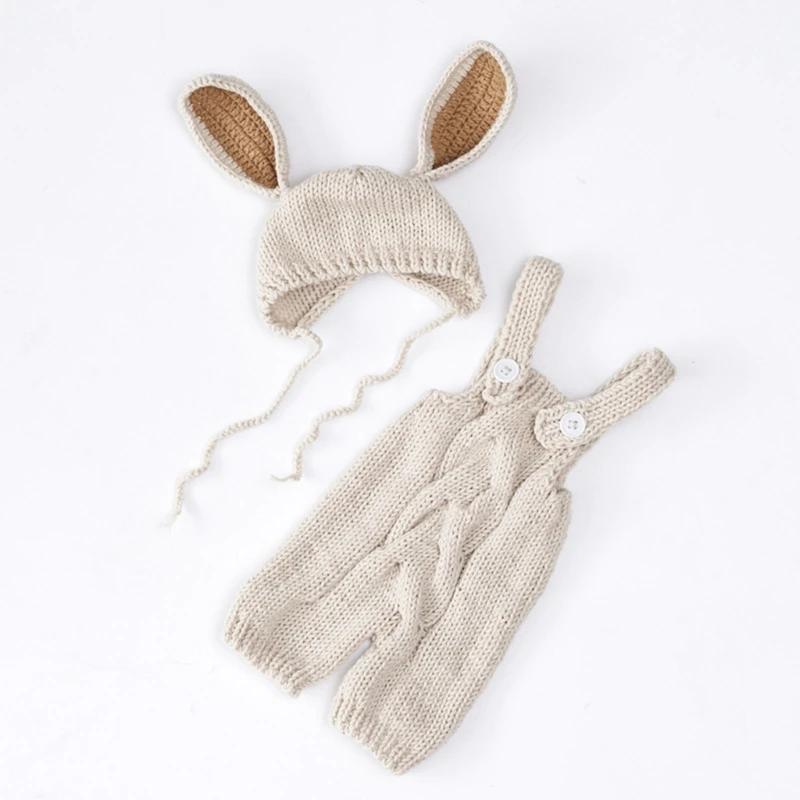 Photography Props for Baby Boys Girls Unisex Romper Hat Photo Props Newborn Knitted Rabbit Costume Photo Hat Coveralls