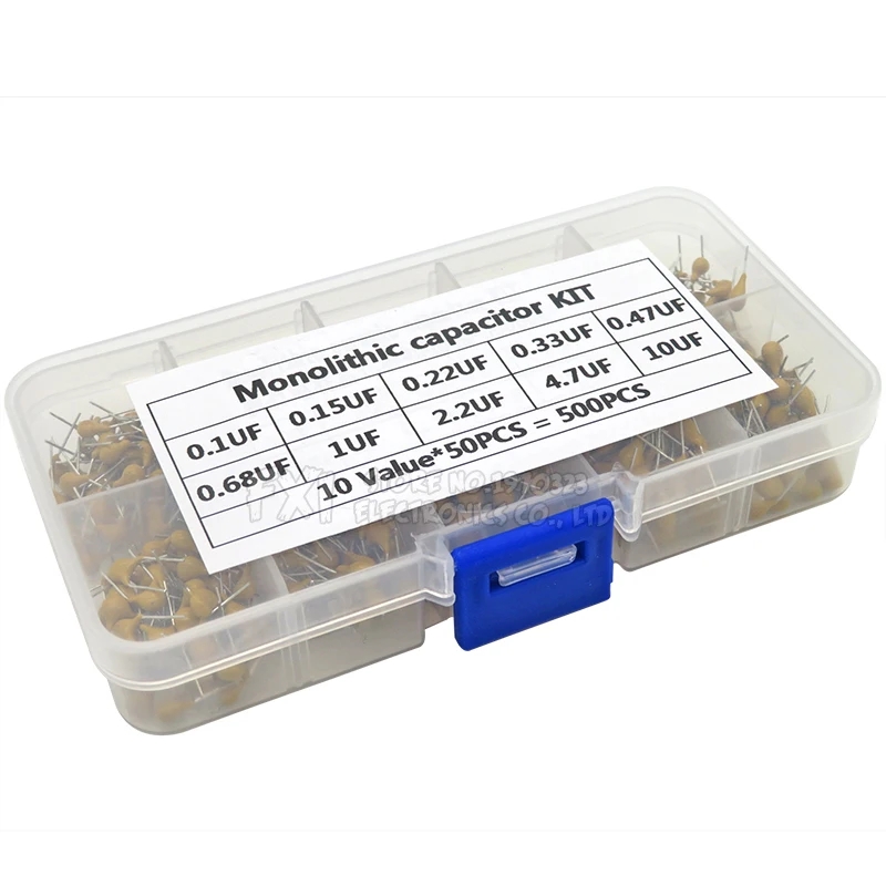 

500PCS/lot Multilayer Ceramic Capacitor Assortment Kit 10Values*50PCS 0.1uF-10uF(104~106) 50V Ceramic Capacitors Set pack