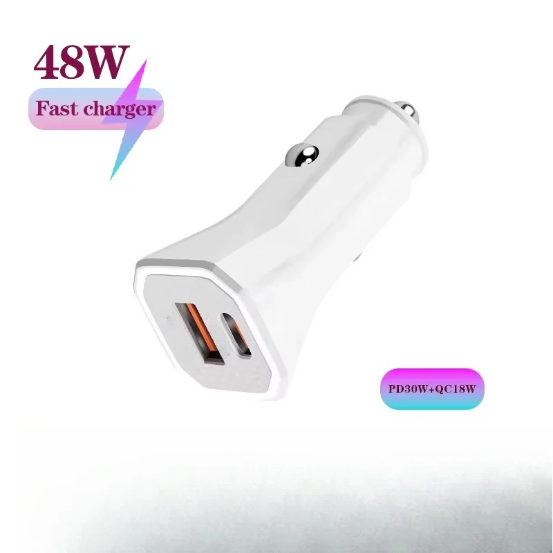 Square Design 48W 1/2 Port Car super Charger with PD30W QC3.0 Super Fast Charging USB car Cigarette Lighter Adapter for phones