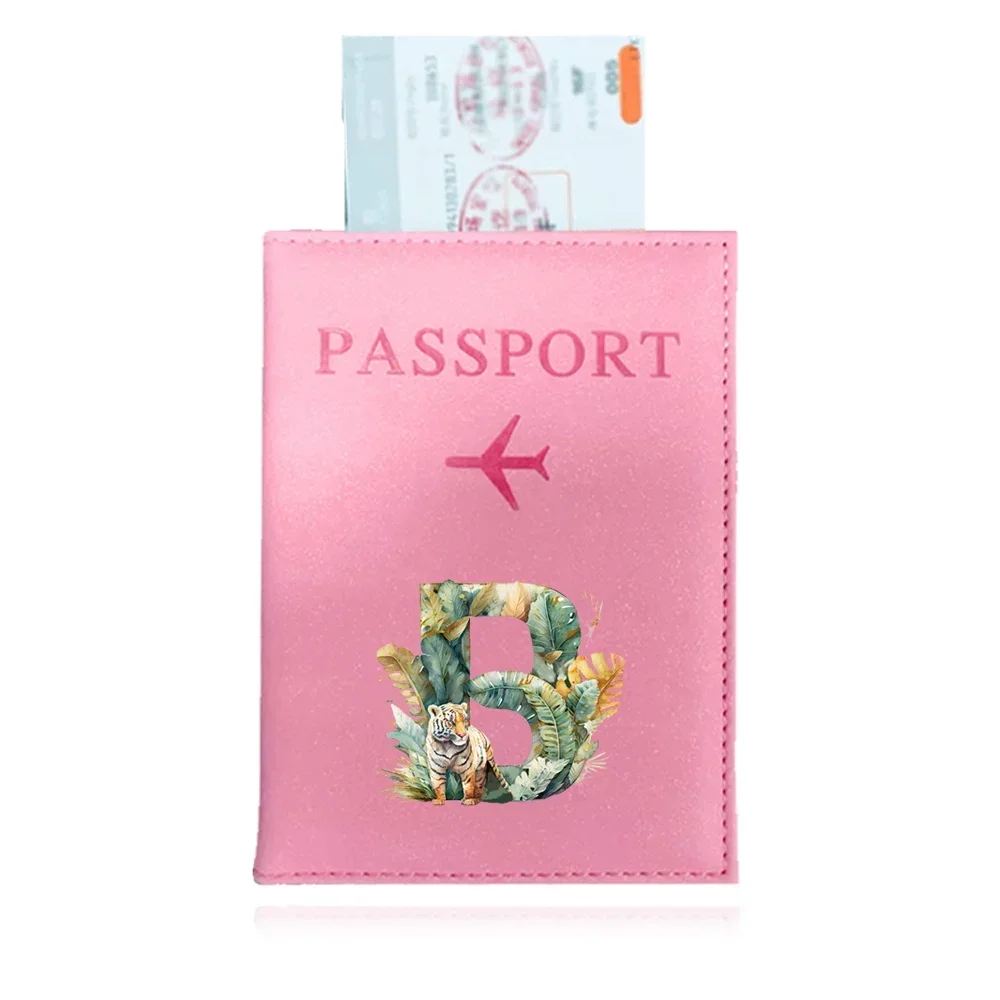 Funda de pasaporte de avión para hombres y mujeres, bolsa de viaje de cuero rosa, lindo tigre de la selva, billetera con estampado de letras, monedero, soporte para pasaporte