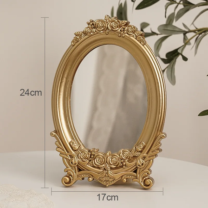 Rustic French Palace Style Carving Frame Table Mirror Gold Mirror Tray Home Decorative Mirror Bedroom Table Makeup Mirror