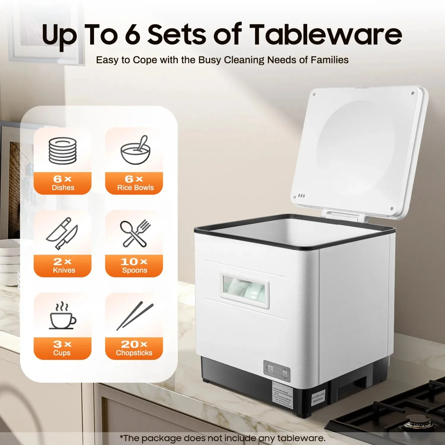 Table Dishwasher 1500W, Fully Automatic, 6 Sets of Washable Utensils, 220V, for Small Kitchens, 360° Rotatable Spray