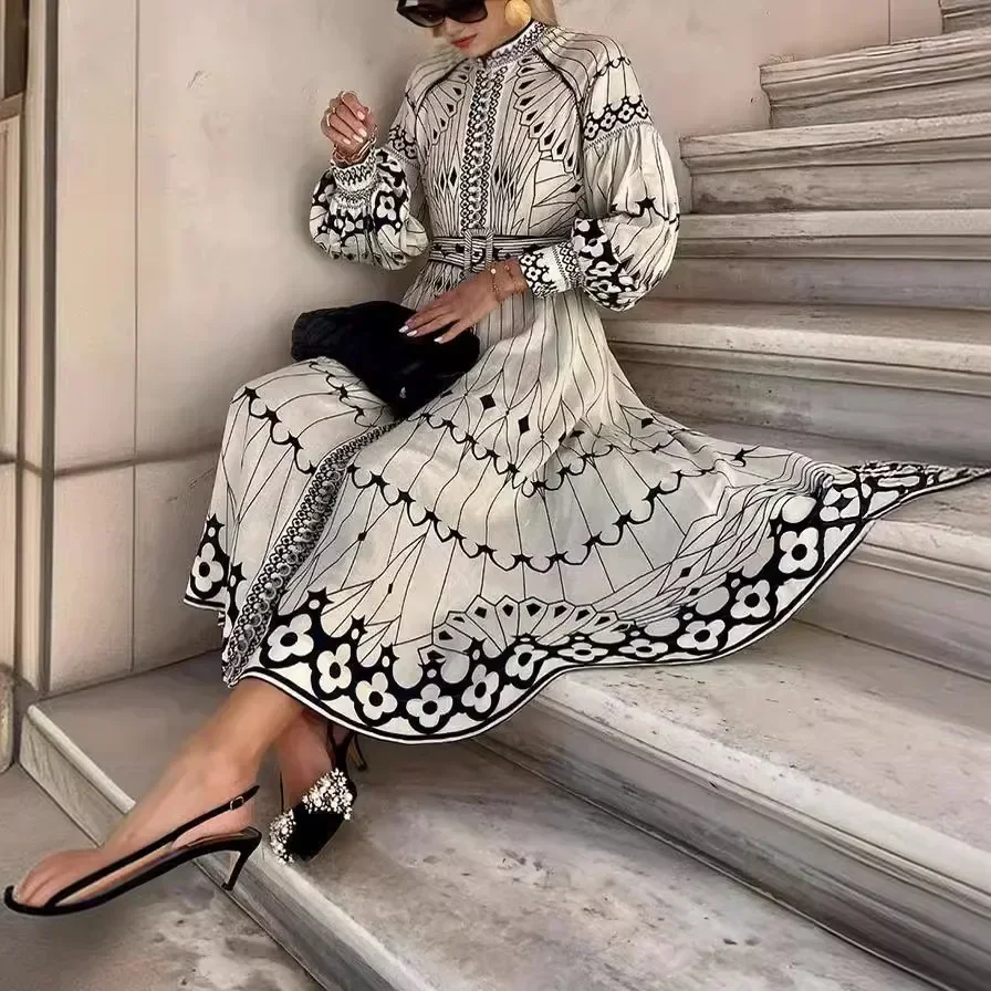 Spring and Summer New Court Style Temperament Elegant Long-sleeved Belt Buckle Print Dress Women