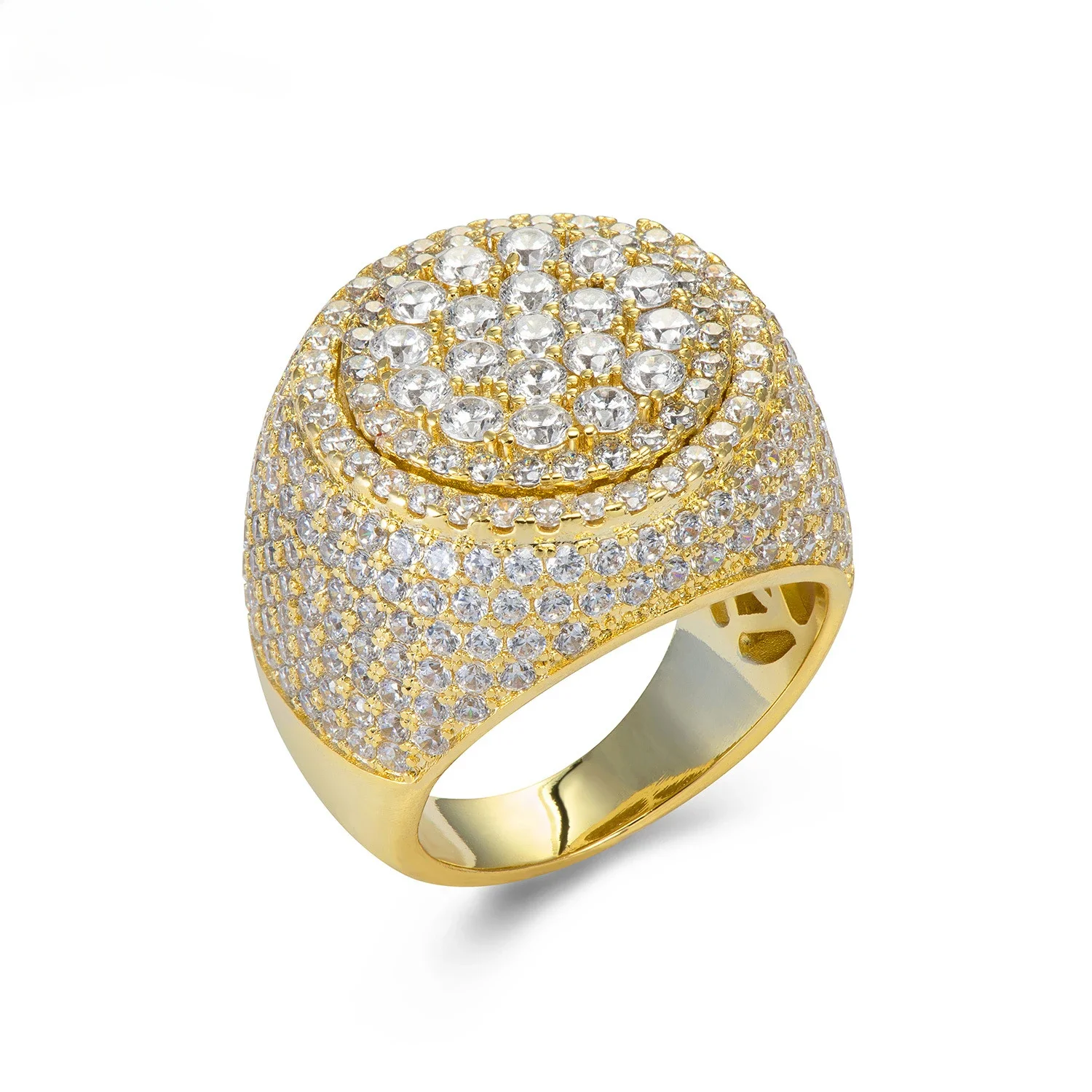

Hip Hop Round Rings Gold Plated Full CZ Diamond Cuban Inspired Ice Out Jewelry for Men and Women