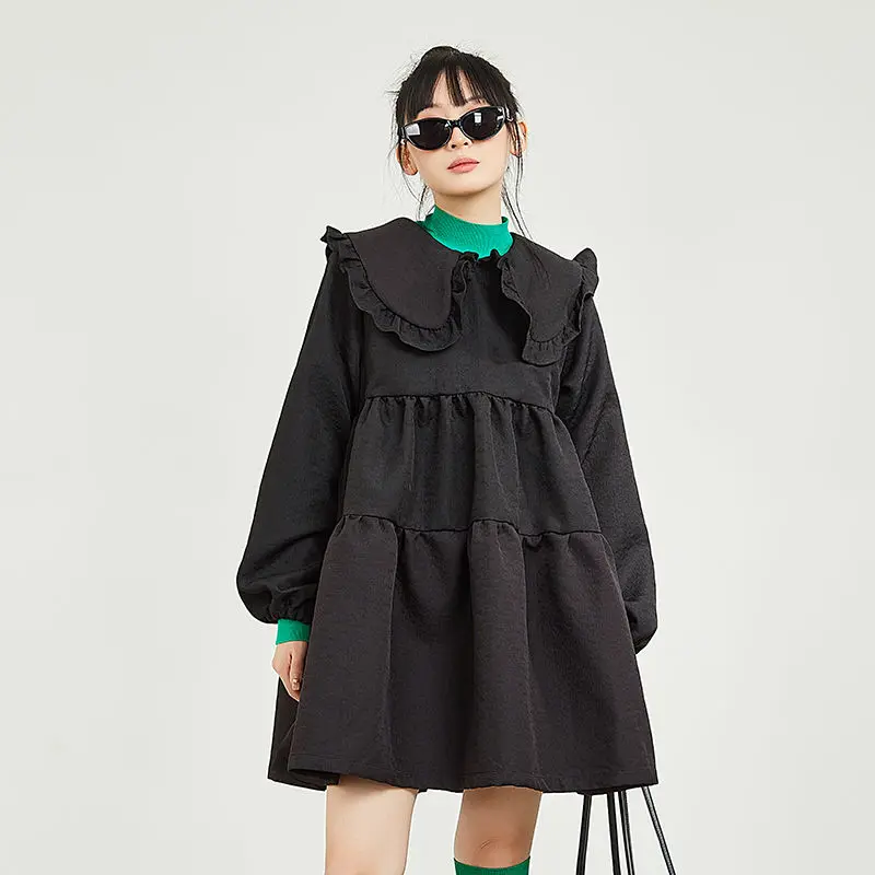 2024 New Fashion Long-sleeved Skirt Autumn New Cold Feeling Thin Black Loose Doll Collar Medium and Long-sleeved Dress