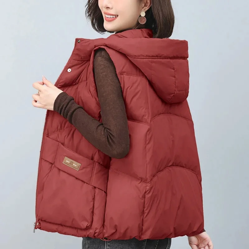 White duck down Vest Women's Hooded Winter Outerwear 2025 New Thick Middle-aged mother Vest Jacket Solid color Casual Short Top