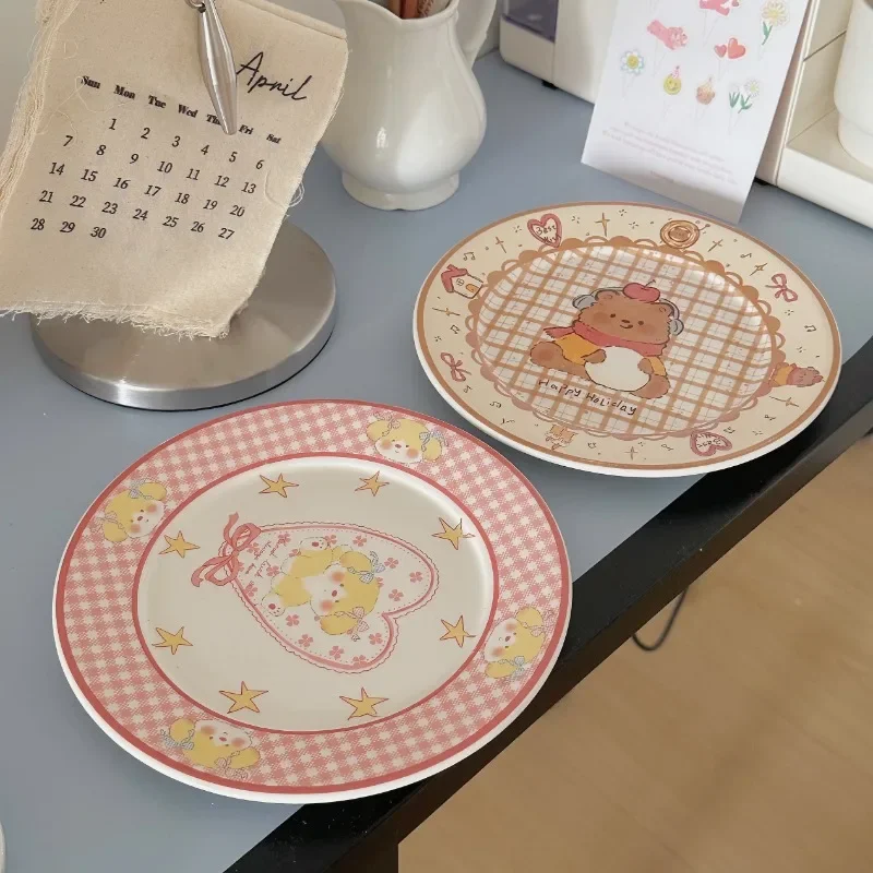 Pink Aesthetic Bear & Puppy Ceramic Plate Set, Cute Animal Design Dessert & Dinner Plates For Internet celebrity Tableware Gift