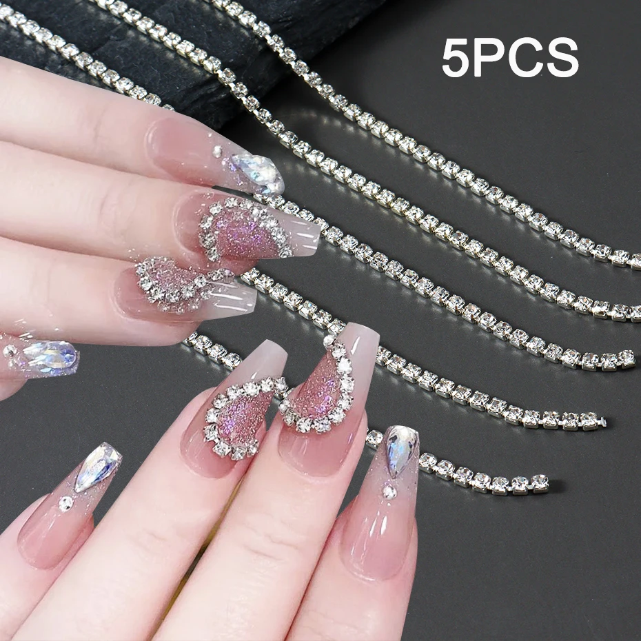 1 حزمة طويلة فاخرة تألق سلسلة مسمار الملحقات سلسلة معدنية فضية مع زخارف الماس DIY بها بنفسك رسومات أظافر الديكور
