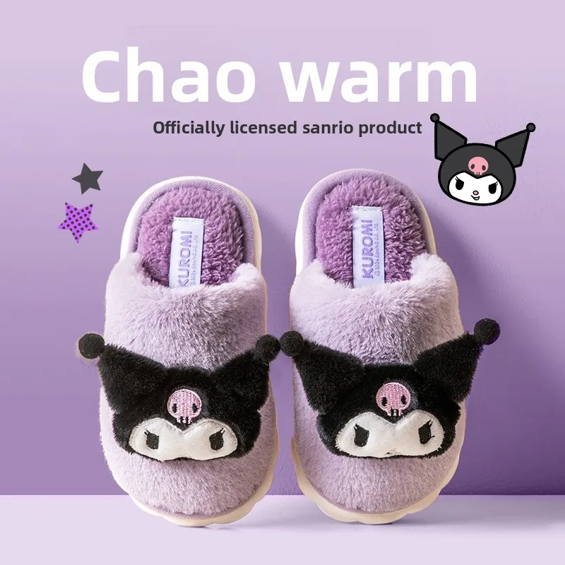 

2026 Autumn Winter Sanrio Kids Cotton Slippers Cute Kuromi Plush Warm Home Shoes Non-slip For Girls