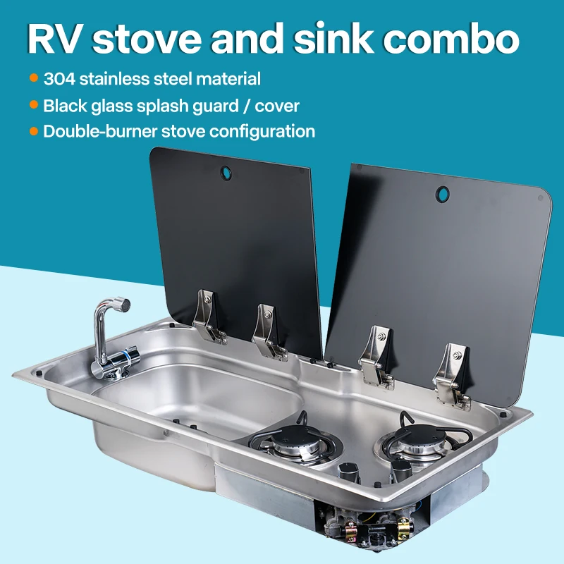RV Camper 2 Burner Gas Stove with Sink Stainless Steel Caravan Boat Marine Galley Cooker