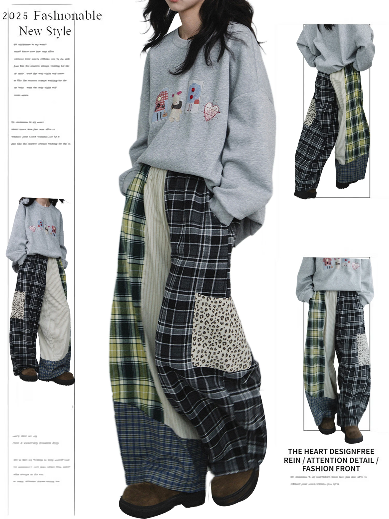 

Женские уличные брюки Y2K в стиле пэчворк, широкие брюки в клетку с леопардовым карманом, полосатые повседневные свободные мешковатые брюки со смешанным принтом