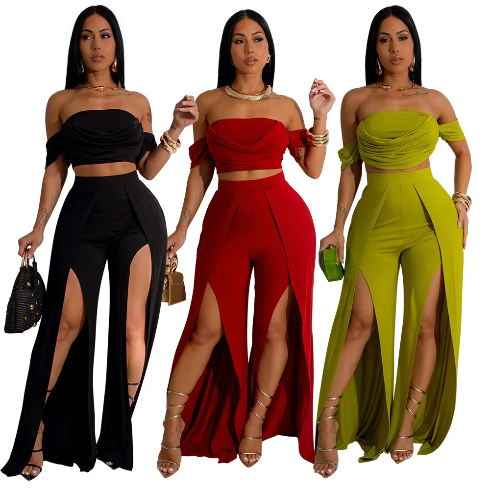 

EINY Fashion Slit Loose Wide Leg Pants 2 Piece Sets Outfit Women Off Shoulder Short Sleeve Crop Top & Pants Party Clubwear Suits