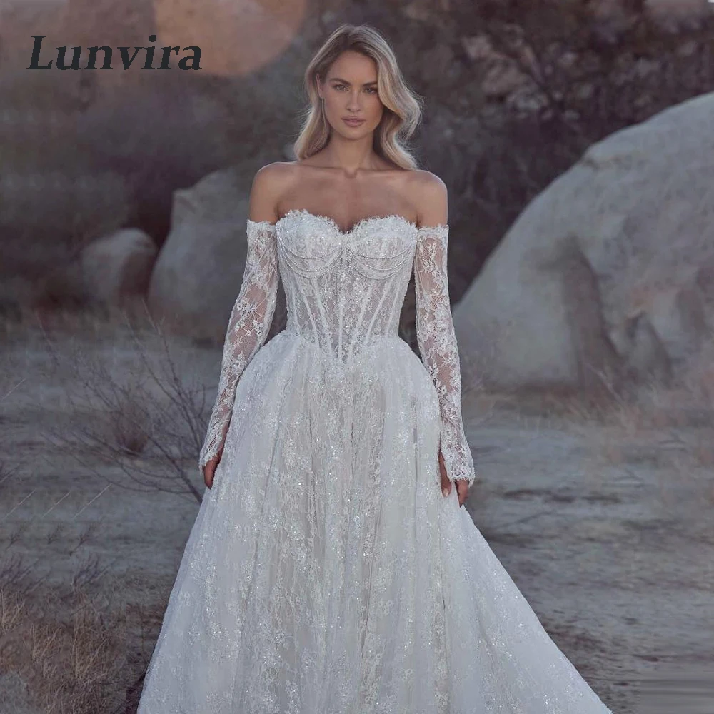 Lunvira Fancy Lace Appliques Brides Dress Pearls Three Quarter Sleeves Sweetheart Court Train Vestido De Casamento Customized