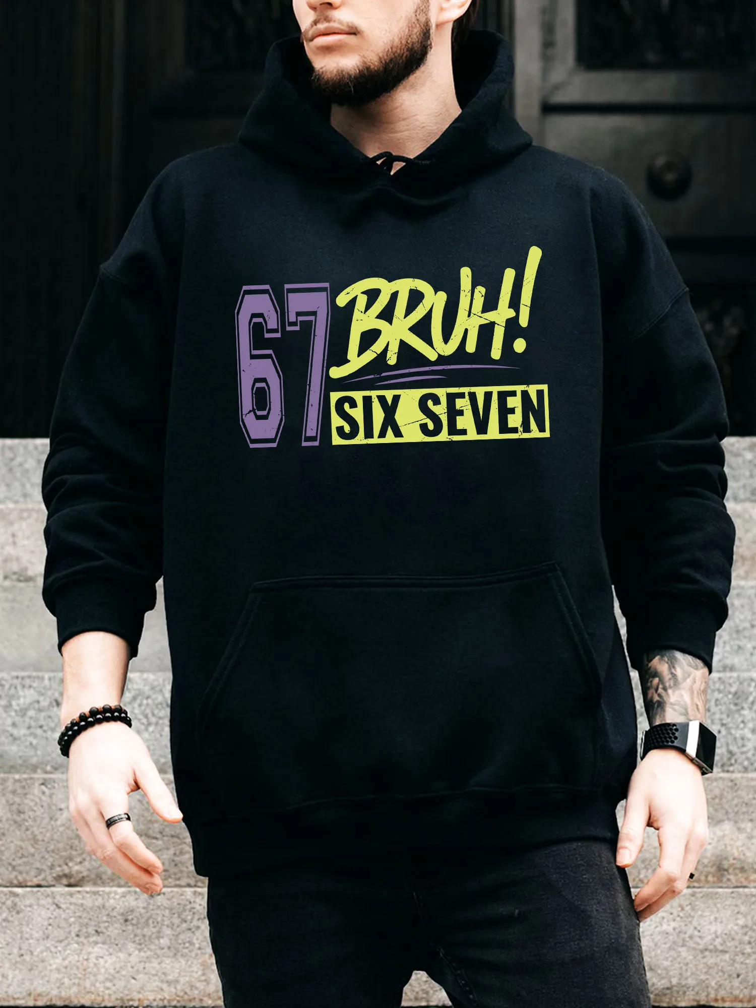 

Six Seven Bruh Men's Drawstring Hoodie - Casual Comfortable Black Pullover, Fall & Winter Hooded Sweatshirt