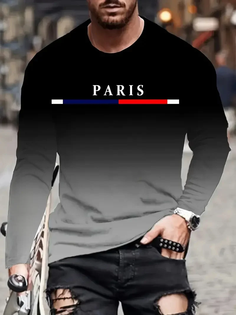 Men\'s gradient color Paris pattern printed T-shirt fashion casual long sleeved round neck outdoor sports T-shirt men\'s clothing