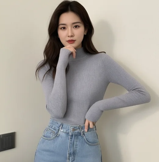 

Autumn Basic Bottoming Sweater Top Women Ribbed Mock Neck Elastic Pullover Sweaters Warm Solid Color Slim Jumper Half Turtleneck
