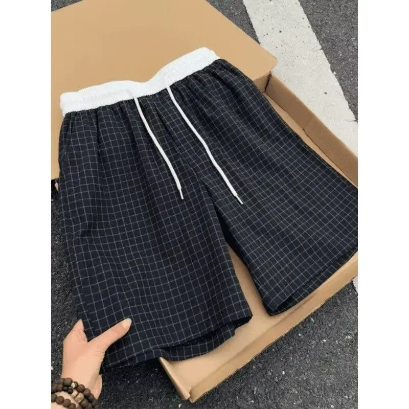 Summer Men's Vintage Checkered Pattern Home Shorts Young Boys Wide Leg Casual Bottom Male High Waist Mini Thin Pants