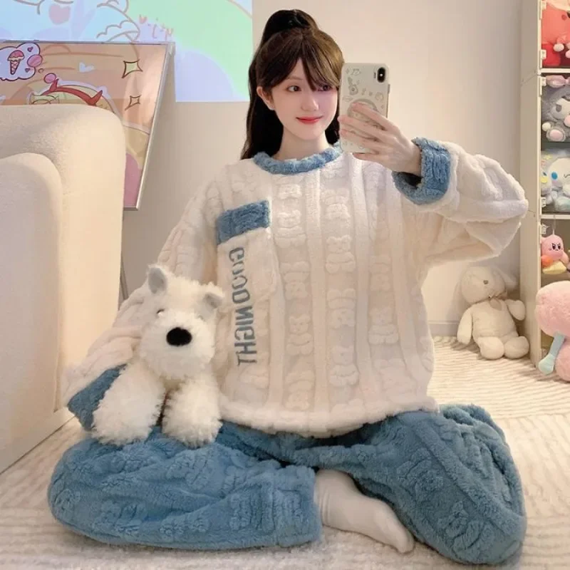 5XL Plus Size Coral Fleece Pajamas Womens Cartoon Cute Winter Fleece Thickened 2 Piece Set Flannel Loungewear Pullover And Pants