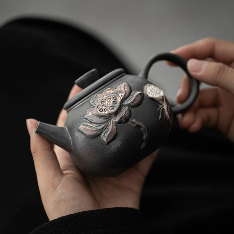 210ml Retro Hand-embossed Lotus Round Rhyme Pot Black Rough Pottery Ball Filter Teapot Is Putting Pot Kung Fu Tea Set Tea Maker