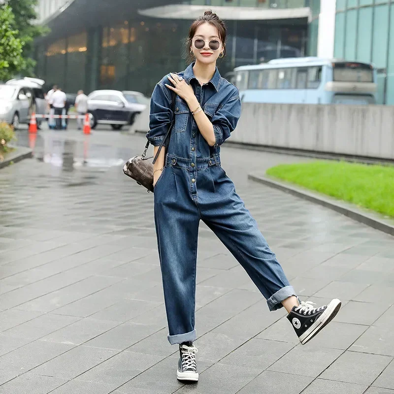 

Осенние комбинезоны для женщин, джинсовый комбинезон с длинными рукавами, бандажная уличная одежда в стиле хип-хоп, прямые ковбойские цельные джинсовые комплекты, комбинезоны