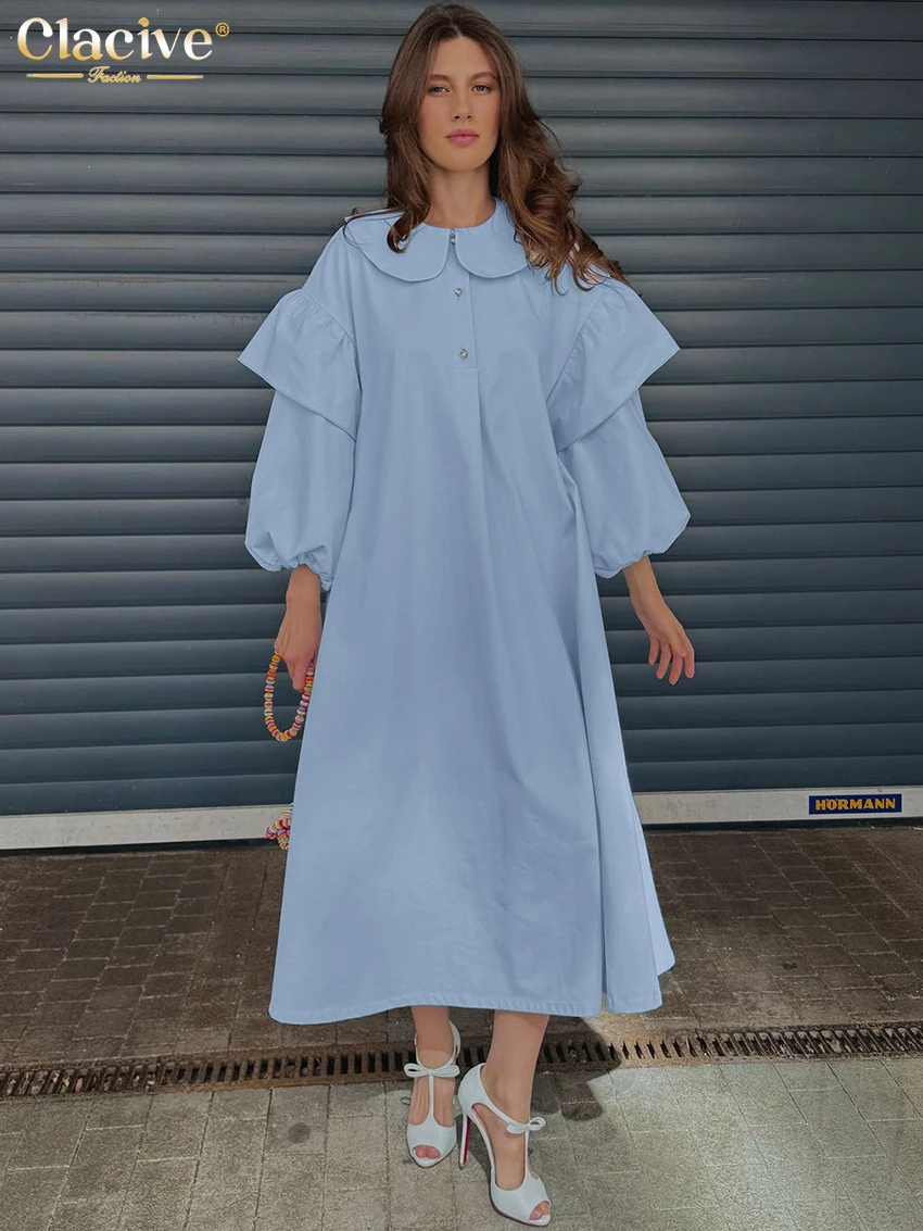 

Clacive Fashion Loose Blue Cotton Women Dress Casual Doll Collar Ankle Length Ankle Length Dresses Elegant Classic Female Dress