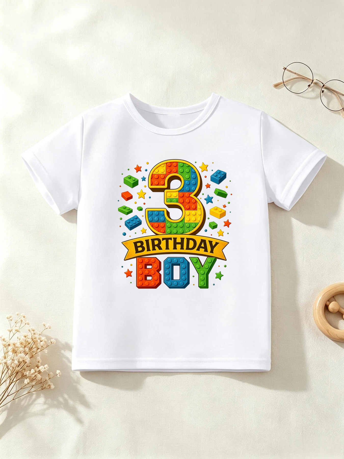 3rd Birthday Boy Building Blocks Printed T Shirt Boys The Best Birthday Gift T-Shirt  Kids Clothes Summer Short Sleeve T-Shirt