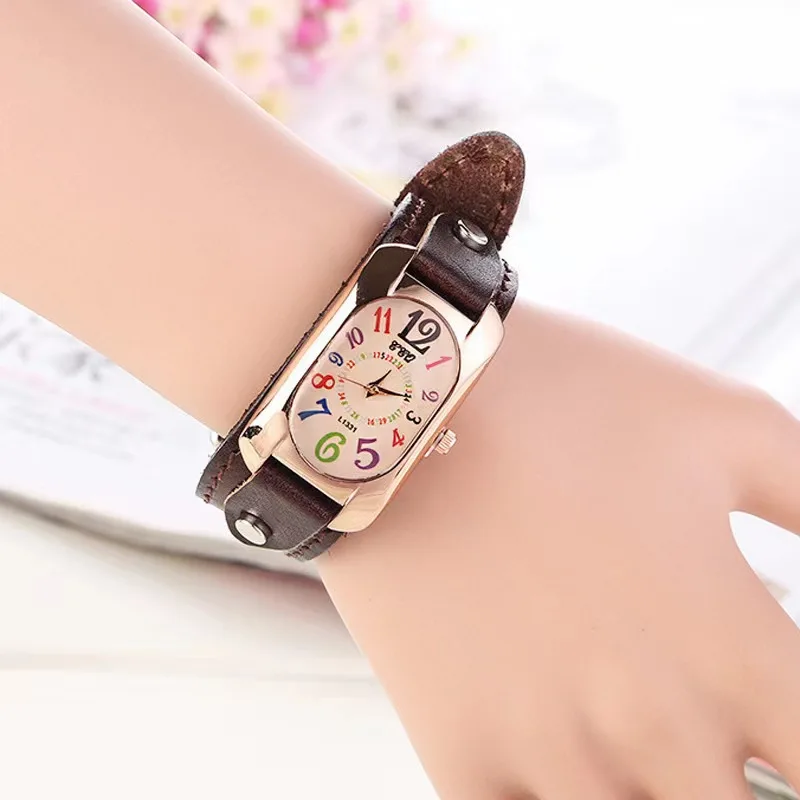 New Leather Strap Color Digital Rectangle Watch Women Bracelet Watches Female Bronze Quartz Watch Student Leisure Watch