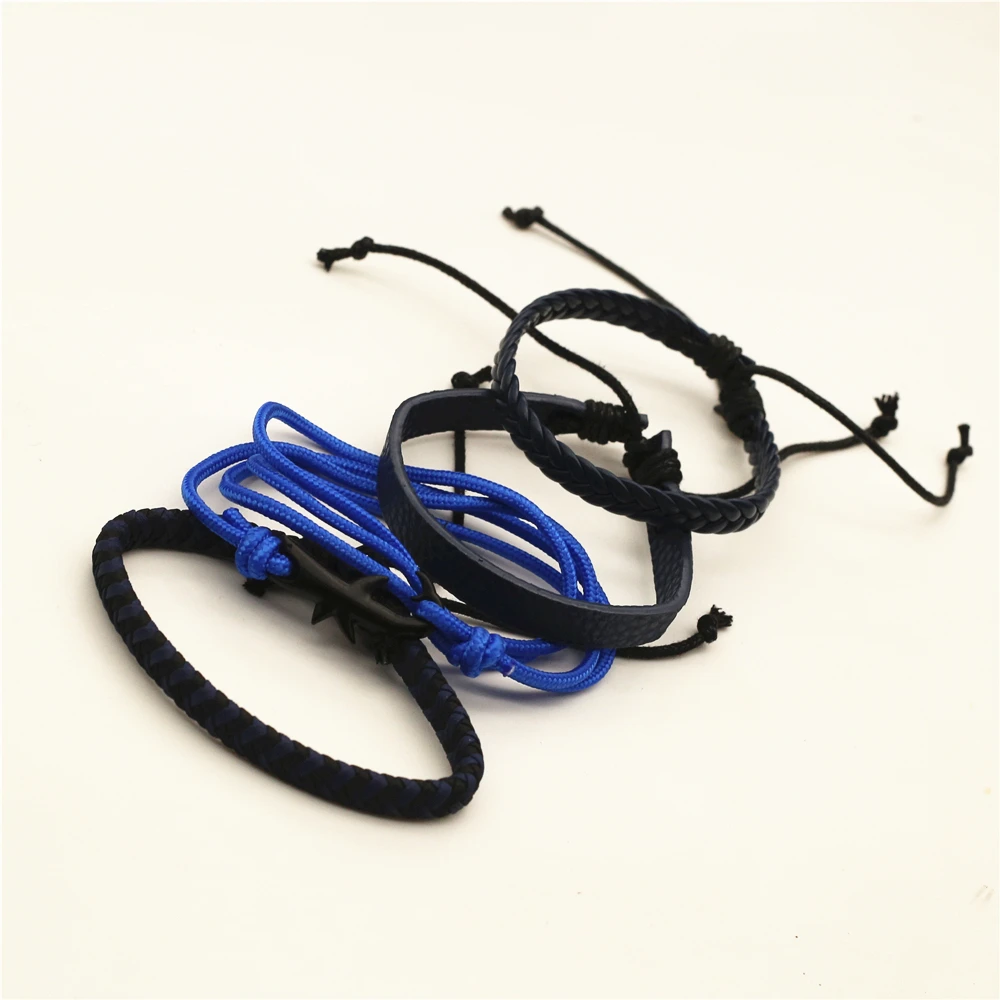 WESTBULL 4 Pcs/set Men Leather Bracelets Set Black Cute Shark Charm Brown Blue Woven Bracelet Man Homme Vintage Jewelry