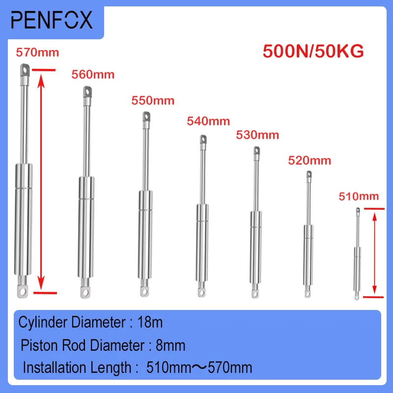 

1 PC 510mm-570mm 500N/50KG 304 Stainless Steel Hydraulic Support Rod Medical Equipment Food Machinery Yacht Pneumatic Gas Spring