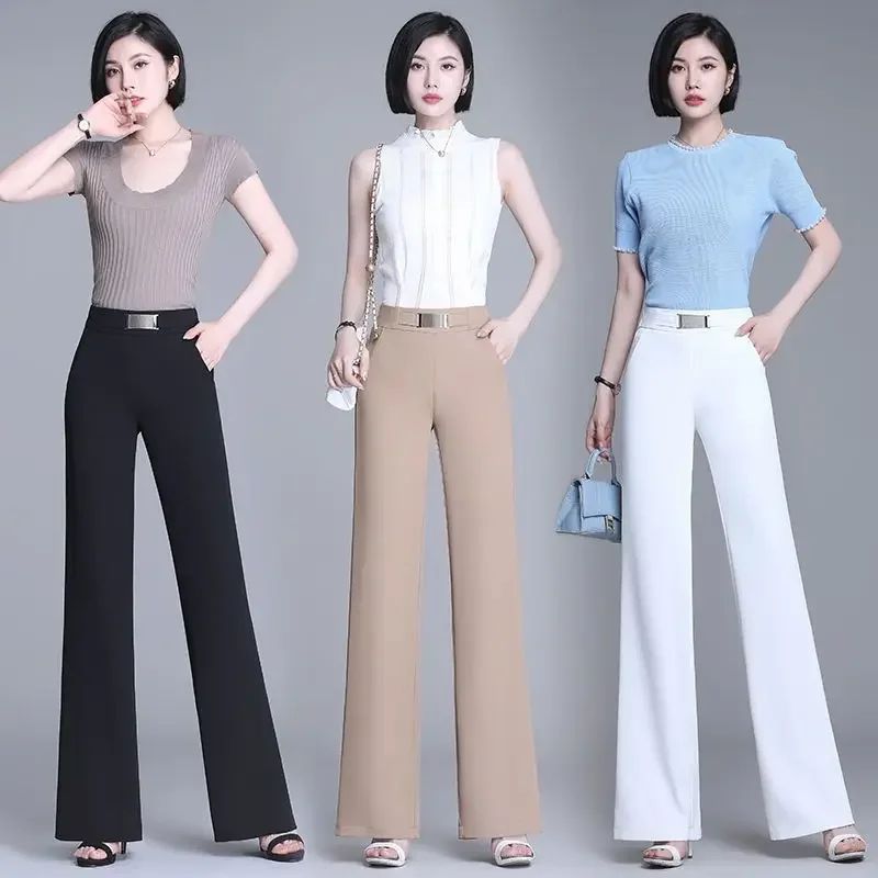 

Office Lady Korean Fashion Loose Wide Leg Suits Pants Women Spring Summer Thin Solid High Waist Elastic Casual Straight Trousers