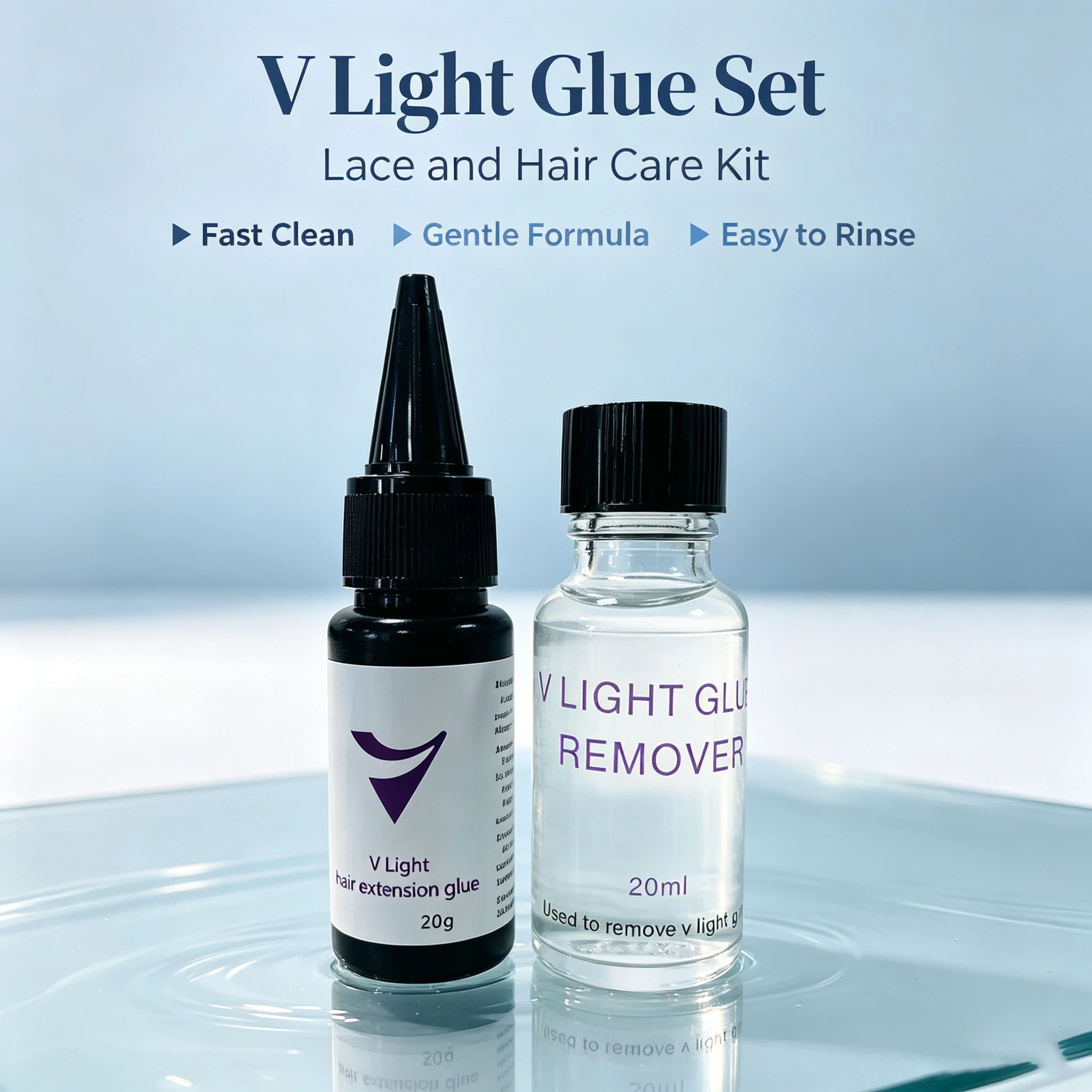 V Light Hair Extension Glue 20g & Remover 20ml Set, Fast Bonding & Safe Removal for Hair Extensions