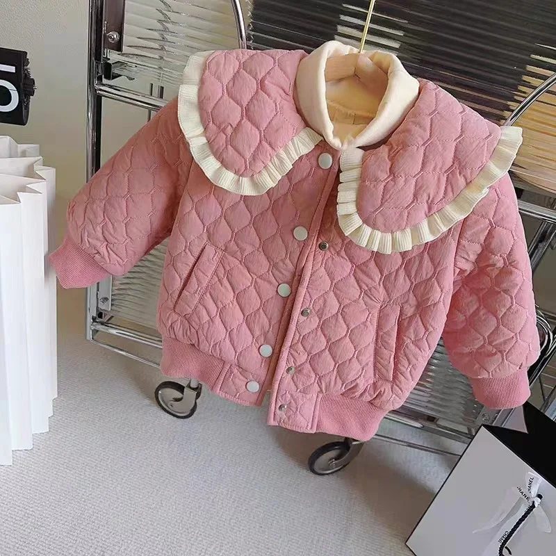 2024 Girls Winter Jacket Baby Clip Cotton Lapel Warm Coat Autumn New Children Thickened Solid Color Sweet Cute Clothes 12M-5Y