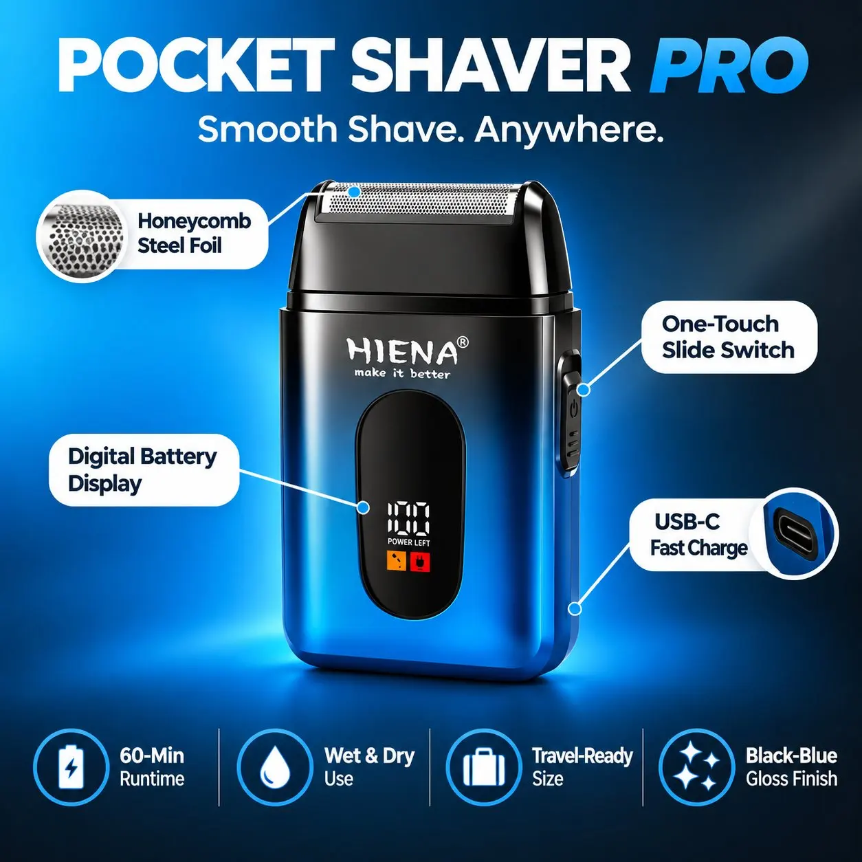 HIENA Men Reciprocating Electric Shaver Blue Digital Power Display Portable Rechargeable Beard Trimmer USB Charging Mini Travel Shaving Razor For Men view 6