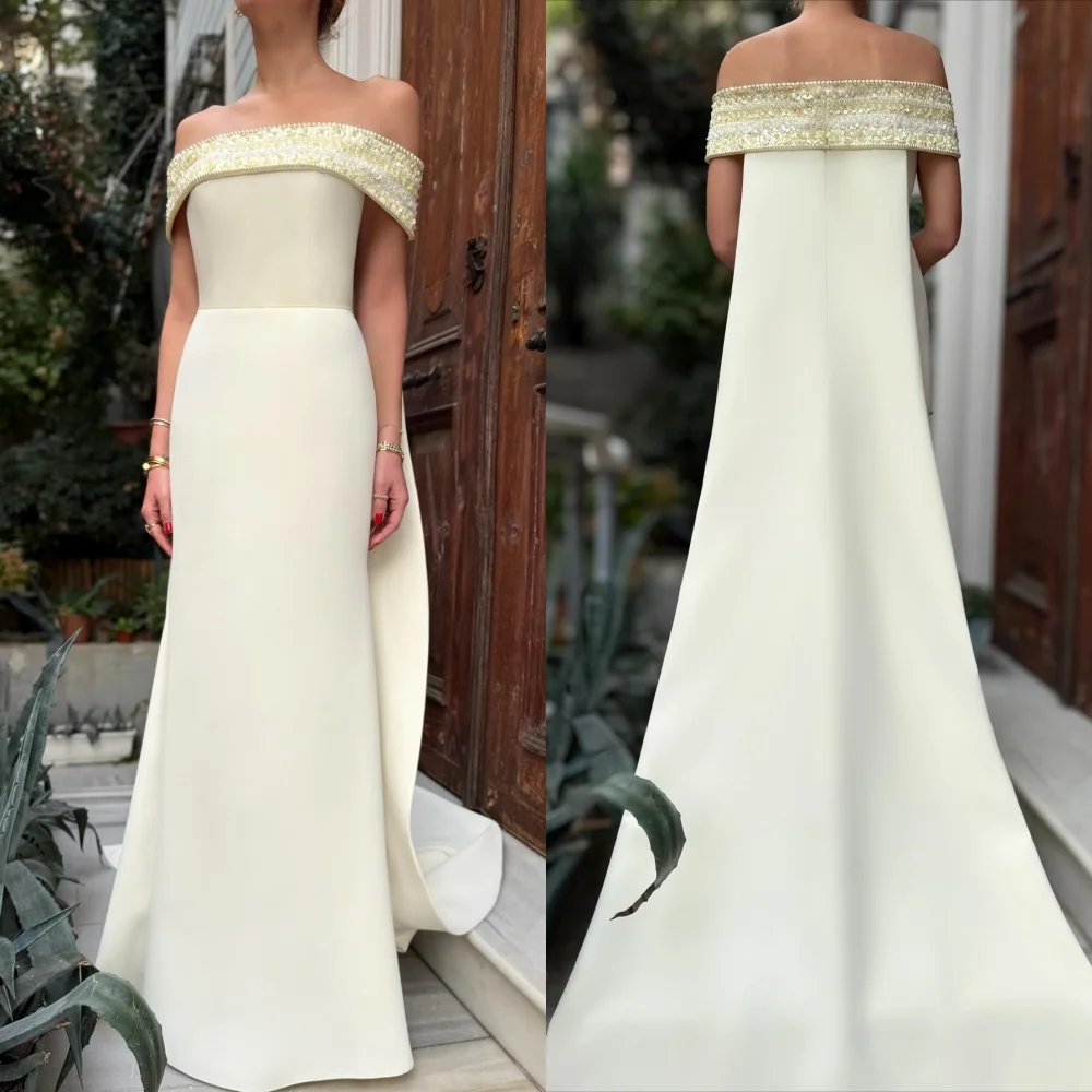 Personalizado elegante clássico jérsei strass miçangas em linha reta fora do ombro vestidos longos sob medida vestidos de ocasião combinando